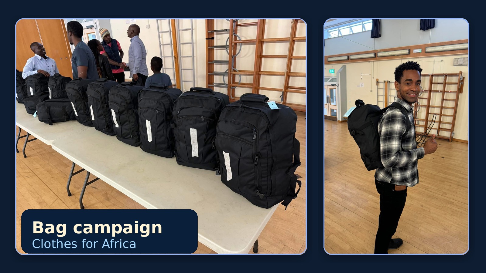 Bag campaign photos showing donated clothing bags prepared for Africa