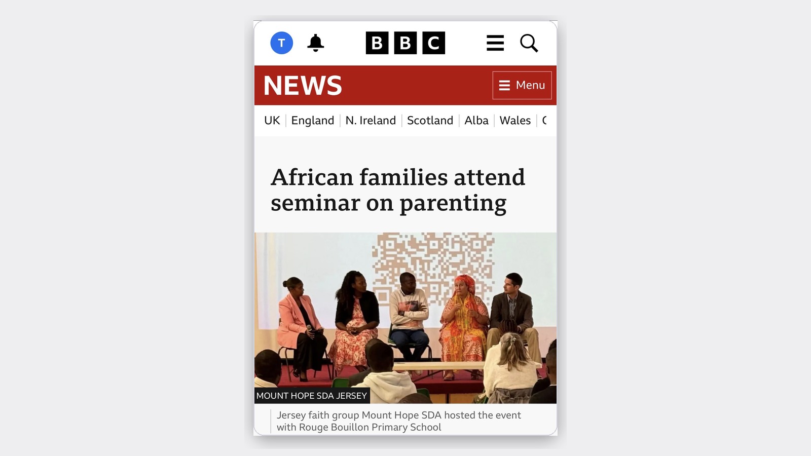 BBC News mobile screenshot showing African families attend seminar on parenting